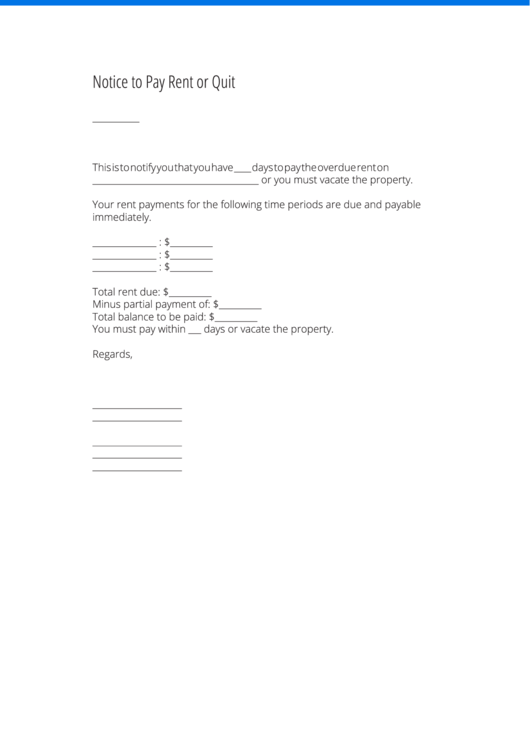 Fillable Notice To Pay Rent Or Quit Form Printable pdf