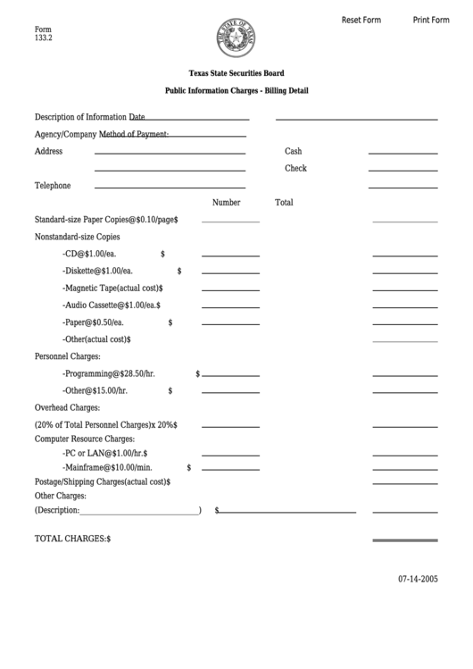 Fillable Form 133.2 - Public Information Charges - Billing Detail Printable pdf