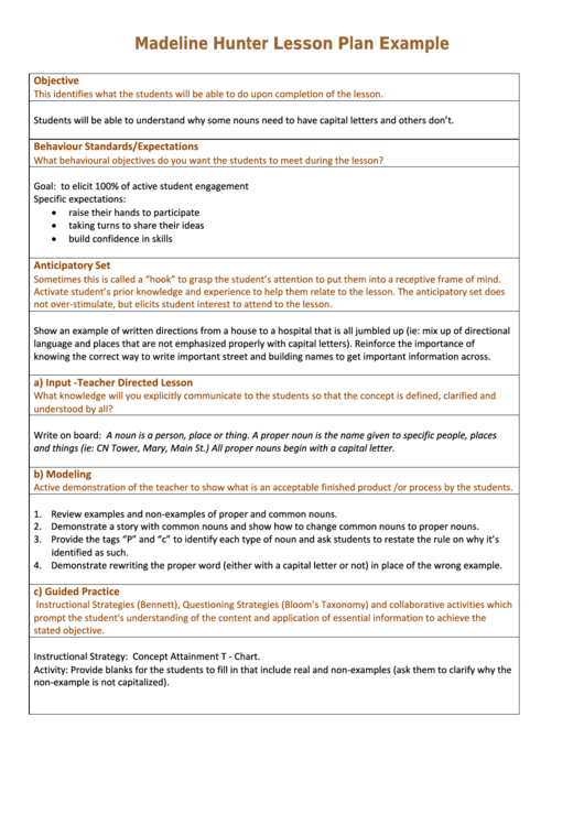 Madeline Hunter Lesson Plan Example printable pdf download