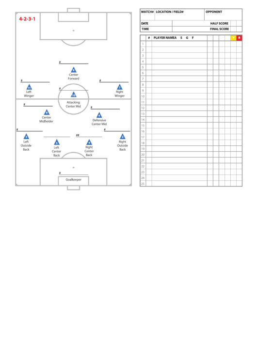 Fillable Ussf Style Lineup Sheet 11v11 4-2-3-1 Printable pdf