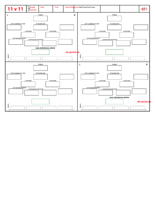 Soccer Formation Lineup Sheet 11v11 4-5-1 Printable pdf