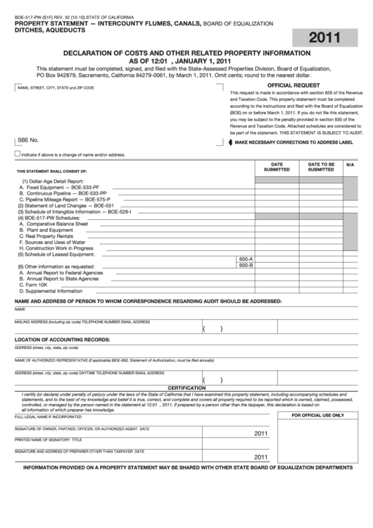 Fillable Form Boe-517-Pw - Property Statement - Intercounty Flumes, Canals, Ditches, Aqueducts - 2011 Printable pdf