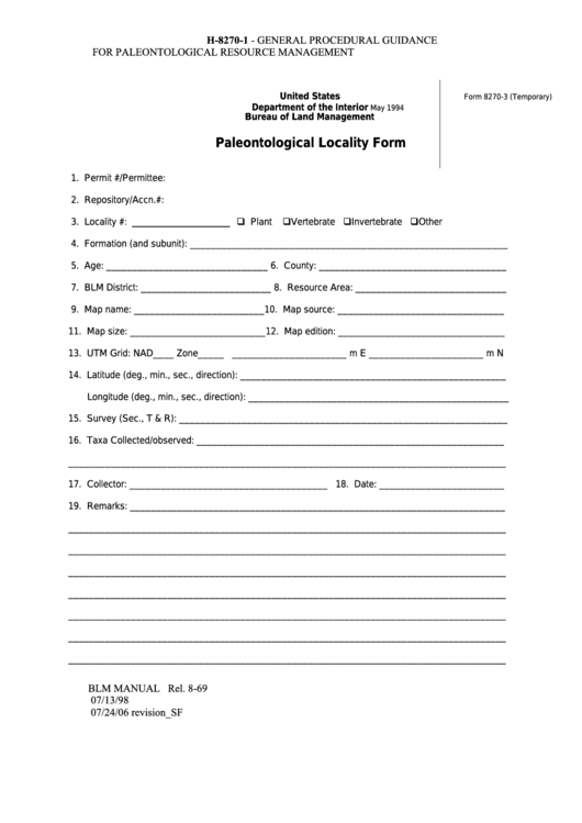 Form 8270-3 - Paleontological Locality Form Printable pdf
