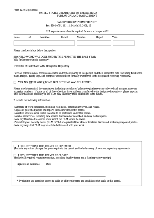 Fillable Form 8270-5 - Paleontology Permit Report Printable pdf