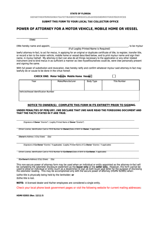 Fillable Form 82053 - Power Of Attorney For A Motor Vehicle, Mobile Home Or Vessel Printable pdf