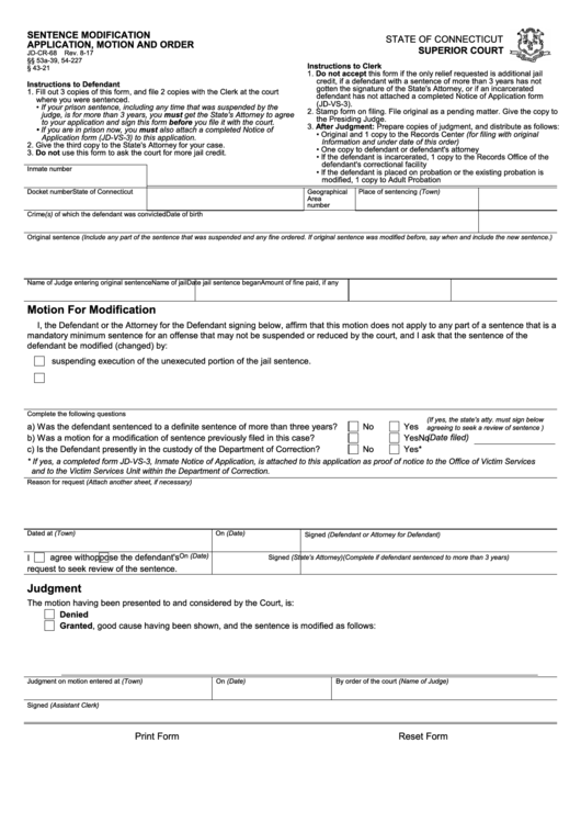 Fillable Form Jd-Cr-68 - Sentence Modification Application, Motion And Order Printable pdf
