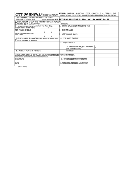 Sales Tax Return - City Of Wasilla Printable pdf