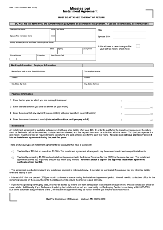 Fillable Form 71-661 - Mississippi Installment Agreement Printable pdf
