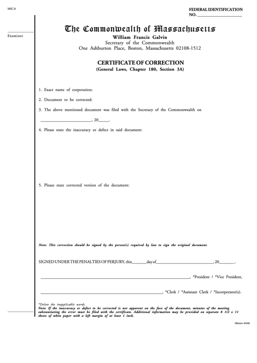 Certificate Of Correction - Commonwealth Of Massachusetts Printable pdf