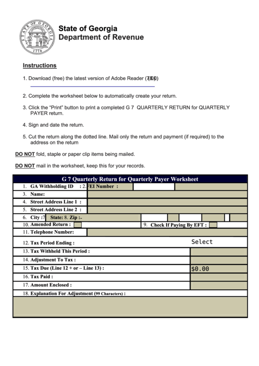 Fillable Form G 7 - Quarterly Return For The Quarterly Payer Printable pdf