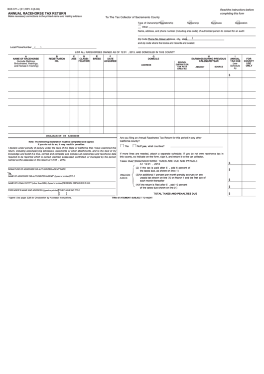 Form Boe-571-J - Annual Racehorse Tax Return Printable pdf