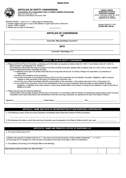 Fillable State Form 51574 - Articles Of Entity Conversion: Conversion Of A Corporation Into A Limited Liability Partnership Printable pdf