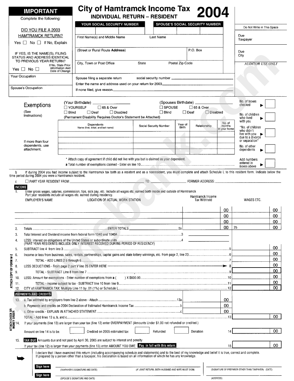 Income Tax Individual Return For A Resident - City Of Hamtramck - 2004