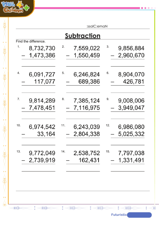 Subtract Up To Millions Worksheet With Answer Key Printable pdf