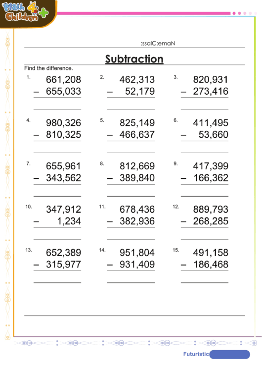 Subtract Up To Hundred Thousands Worksheet With Answer Key Printable pdf