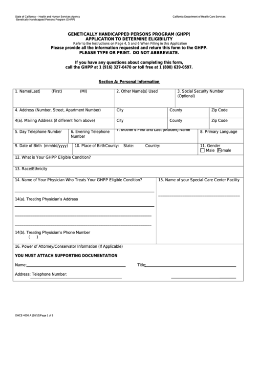 Fillable Form Dhcs 4000 A - California Genetically Handicapped Persons Program (Ghpp) Application To Determine Eligibility - Health And Human Services Agency Printable pdf