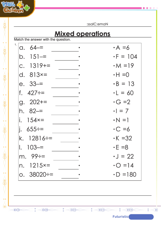 Mixed Operations Worksheet With Answer Key Printable pdf
