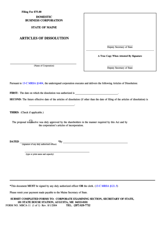 Fillable Form Mbca-11 - Domestic Business Corporation - Articles Of Dissolution Printable pdf