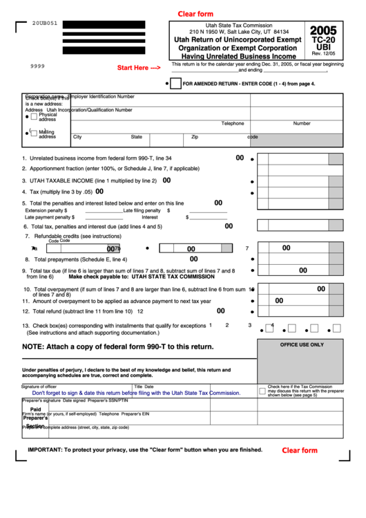 Fillable Form Tc-20 Ubi - Utah Return Of Unincorporated Exempt Organization Or Exempt Corporation Having Unrelated Business Income - 2005 Printable pdf