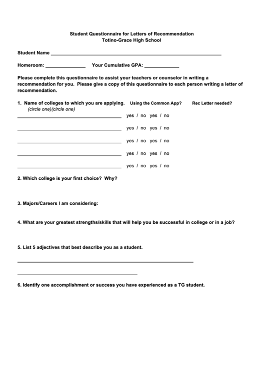 Student Questionnaire For Letters Of Recommendation High School Printable pdf