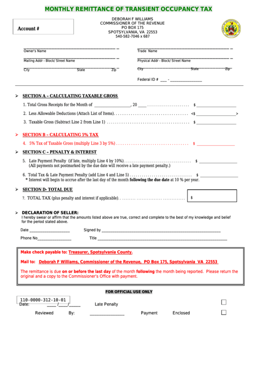Monthly Remittance Of Transient Occupancy Tax Form - Spotsylvania County Printable pdf