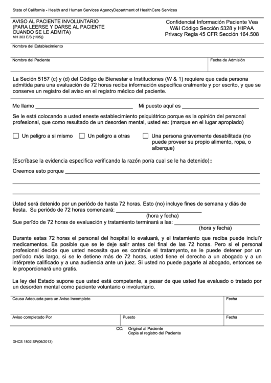 Form Dhcs 1802 - Involuntary Patient Advisement (Spanish) - Health And Human Services Agency Printable pdf