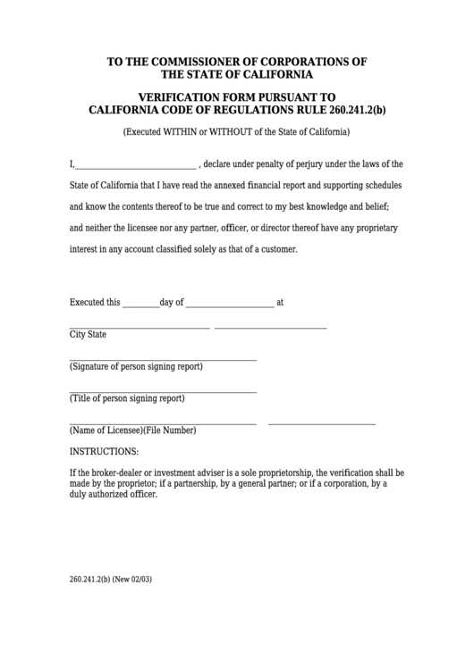 Form 260.241.2 - Verification Form Pursuant To Califonia Code Of Regulations Rule 260.241.2(B) Printable pdf