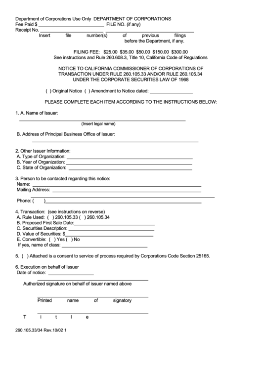 Form 260.105.33/34 - Notice To California Commissioner Of Corporations Of Transaction Printable pdf