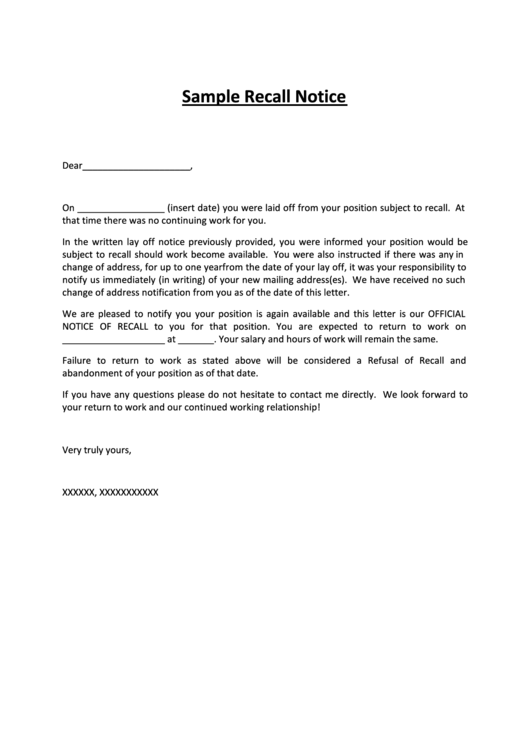 Sample Recall Notice Form Printable pdf