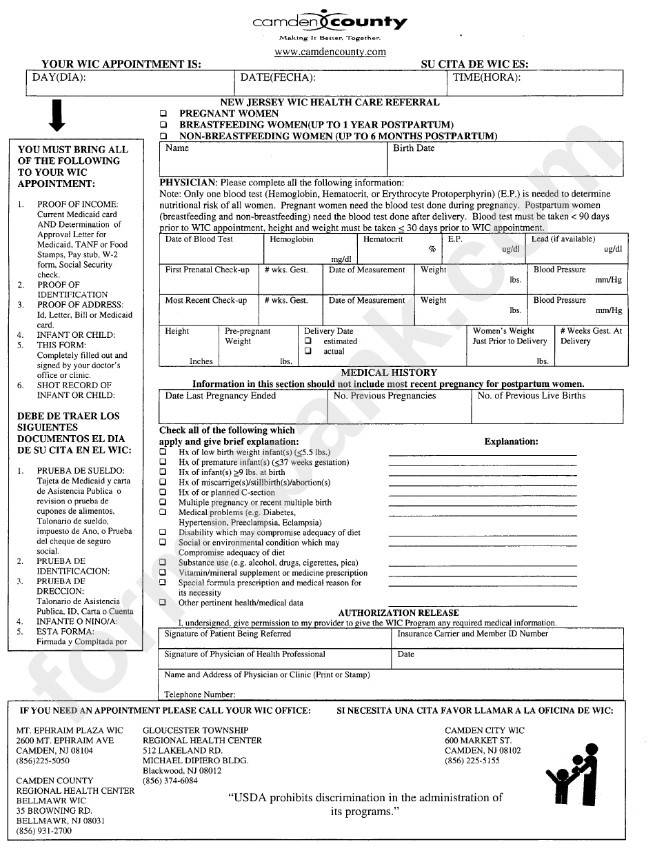 New Jersey Wic Health Care Referral Form printable pdf download