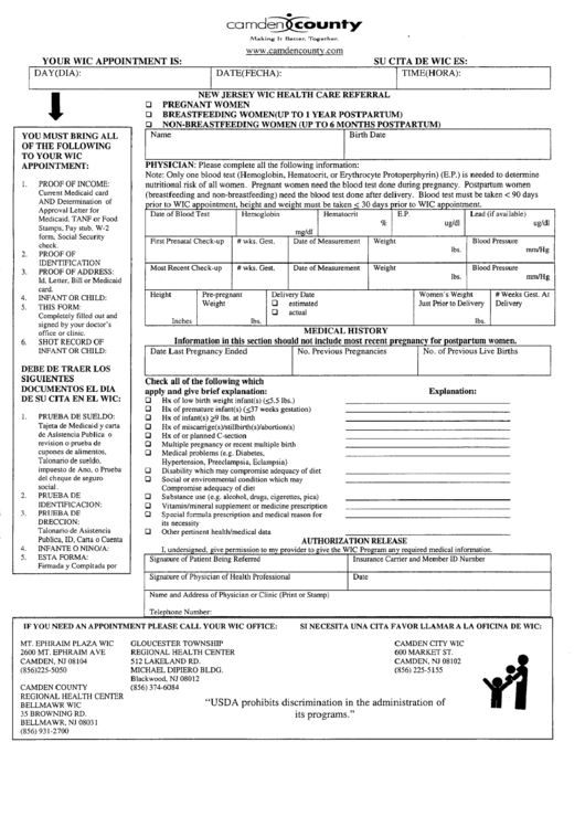 New Jersey Wic Health Care Referral Form Printable pdf