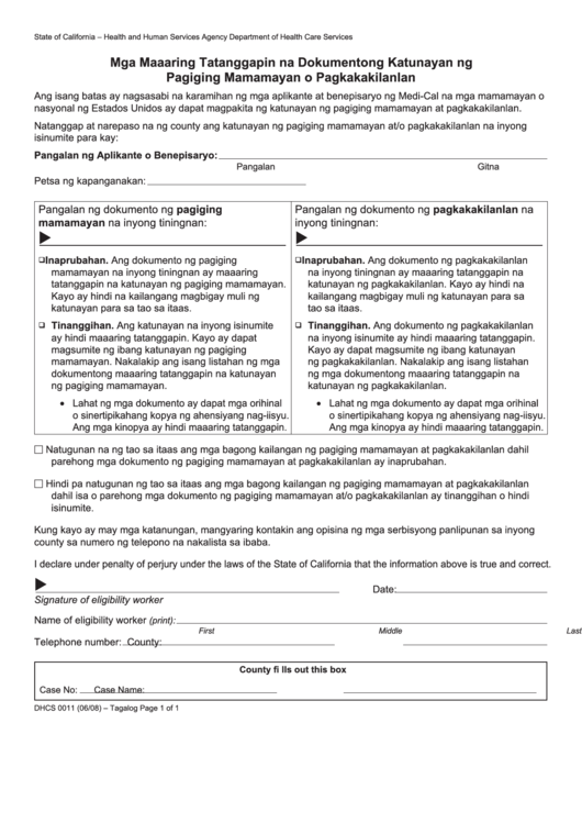 Form Dhcs 0011 - California Proof Of Acceptable Citizenship Or Identity Documents (Tagalog) - Health And Human Services Agency Printable pdf