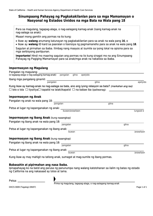 Form Dhcs 0009 - California Affidavit Of Identity For U.s. Citizen Or National Children Under 18 (Tagalog) - Health And Human Services Agency Printable pdf