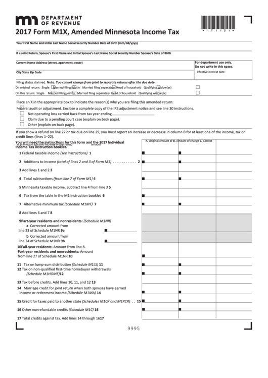 Fillable Form M1x - Amended Minnesota Income Tax - 2017 Printable pdf