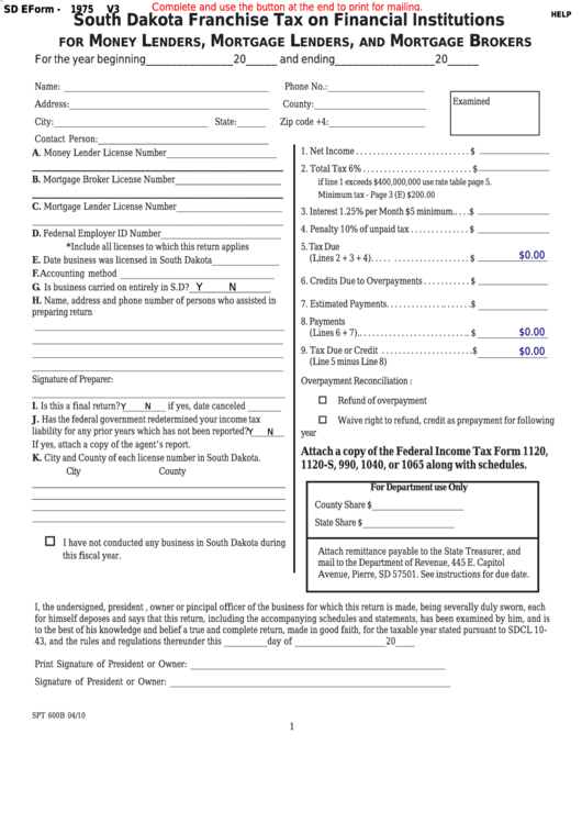 Fillable Form 1975 - South Dakota Franchise Tax On Financial Institutions Printable pdf