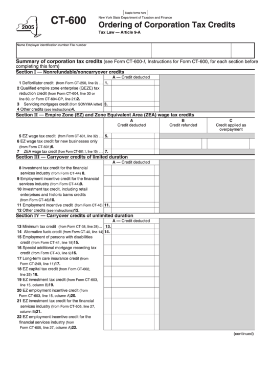 Fillable Form Ct-600 - Ordering Of Corporation Tax Credits - 2005 Printable pdf