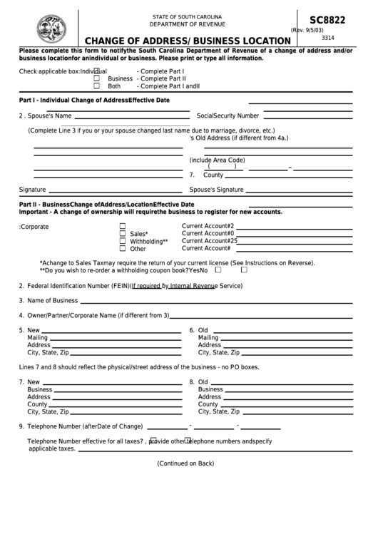 Form Sc8822 - Change Of Address/ Business Location - 2003 Printable pdf
