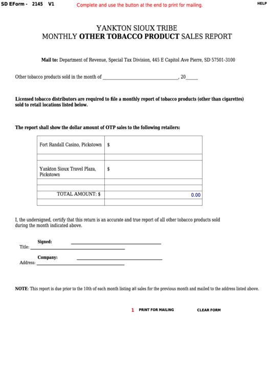 Fillable Form 2145 - South Dakota Yankton Sioux Tribe Monthly Other Tobacco Product Sales Report Printable pdf