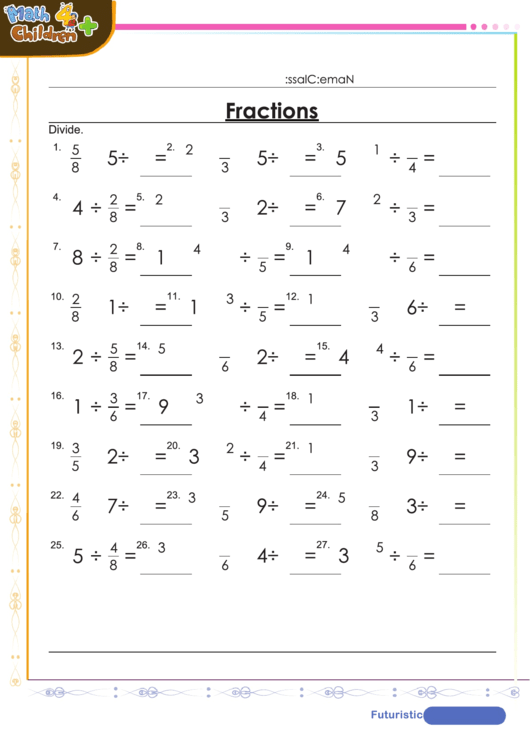 Division Of Fractions Worksheet With Answer Key Printable pdf