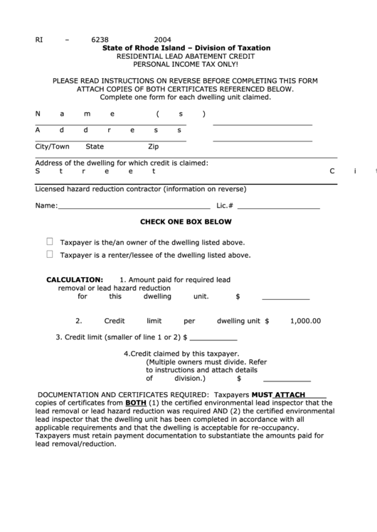 Form Ri-6238 - Residential Lead Abatement Credit - 2004 Printable pdf