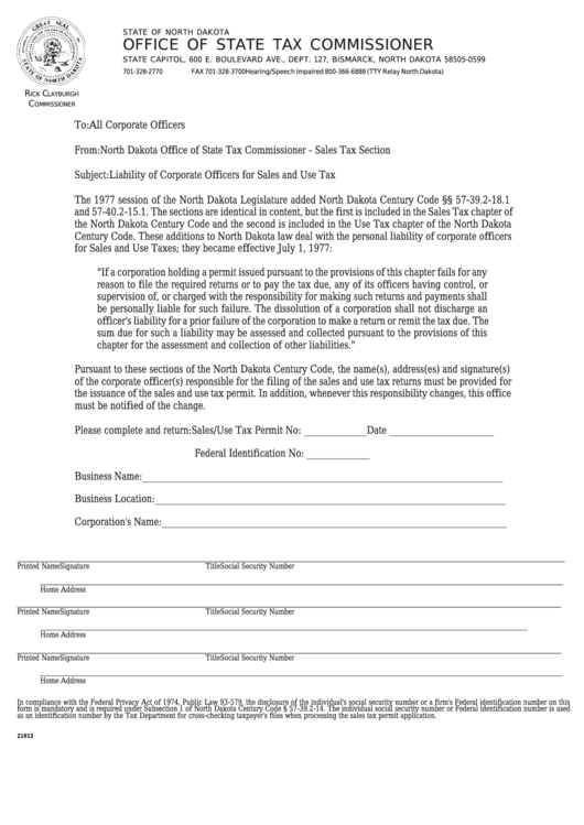 Corporate Officer Update Form - North Dakota Office Of State Tax Commissioner Printable pdf