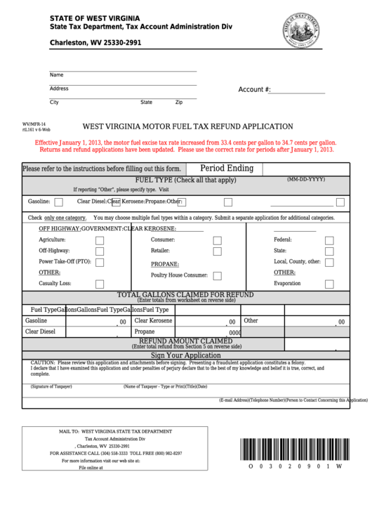 Fillable Form Wv/mfr-14 - West Virginia Motor Fuel Tax Refund Application Wv/mfr-14 Printable pdf