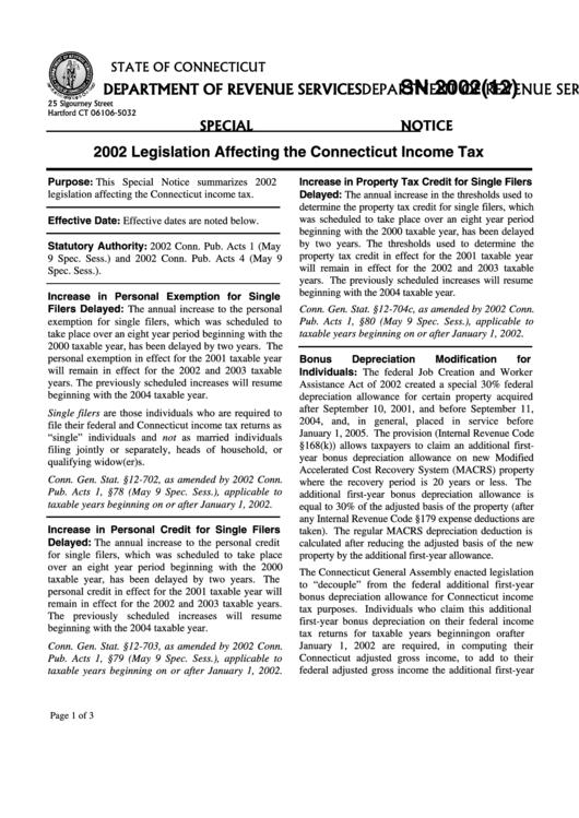 Form Sn 2002(12) - 2002 Legislation Affecting The Connecticut Income Tax Printable pdf