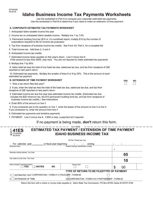 Form 41es - Estimated Tax Payment/extension Of Time Payment Idaho Business Income Tax Printable pdf