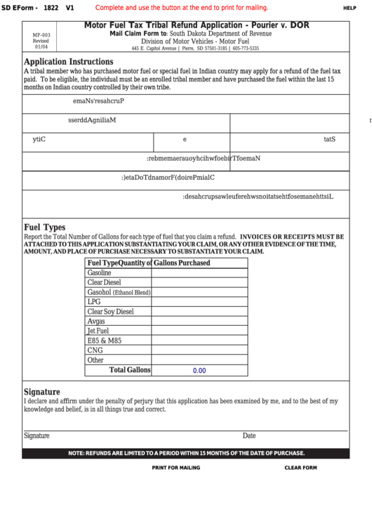 Fillable Form 1822 - South Dakota Motor Fuel Tax Tribal Refund Application Printable pdf