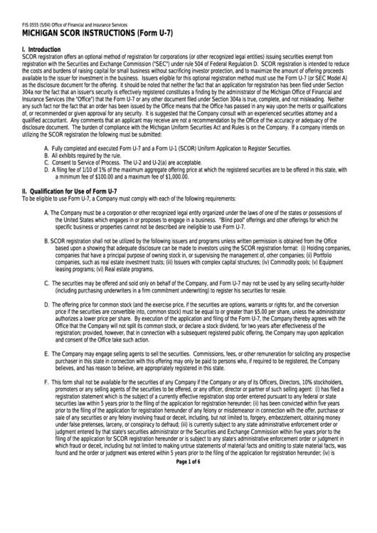 Michigan Scor Instructions For Form U-7 - Small Company Offering Registration Printable pdf