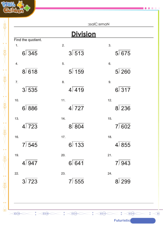 long division with remainder worksheet with answer key printable pdf