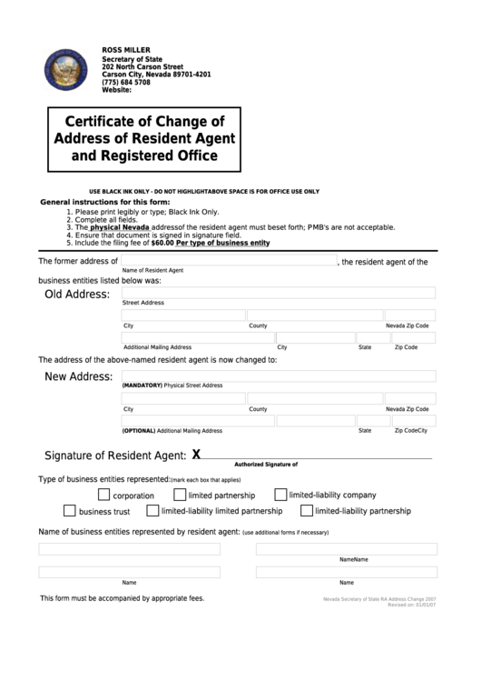 Fillable Certificate Of Change Of Address Of Resident Agent And Registered Office Form Printable pdf