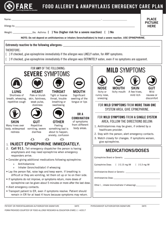 Fillable Food Allergy & Anaphylaxis Emergency Care Plan Printable pdf
