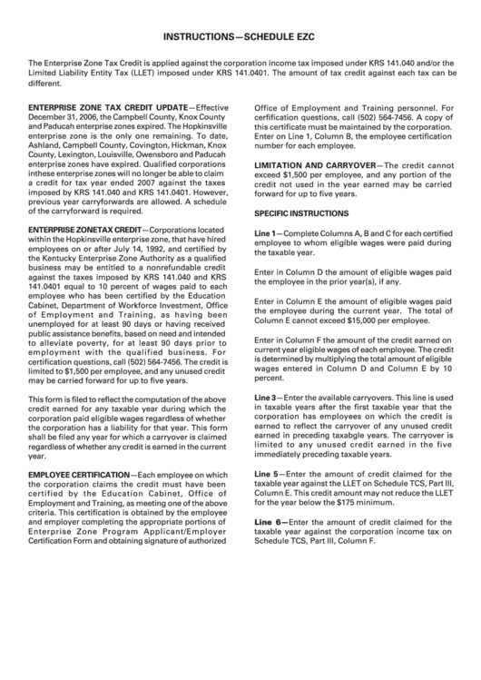 Instructions For Schedule Ez - Enterprise Zone Tax Credit Printable pdf